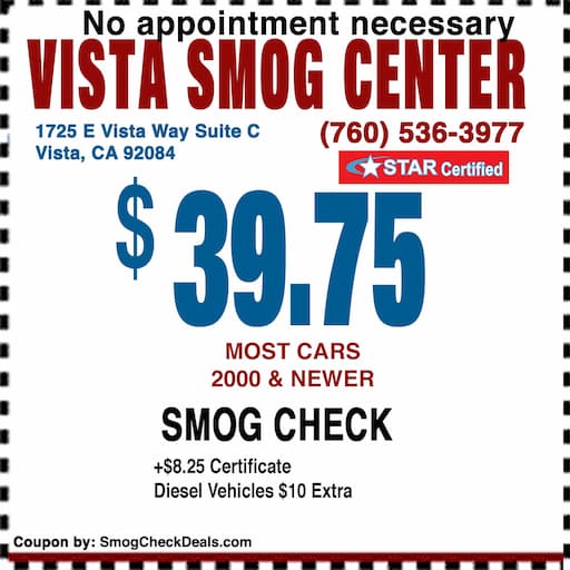 $39.75 smog check coupon — Vista Smog Center